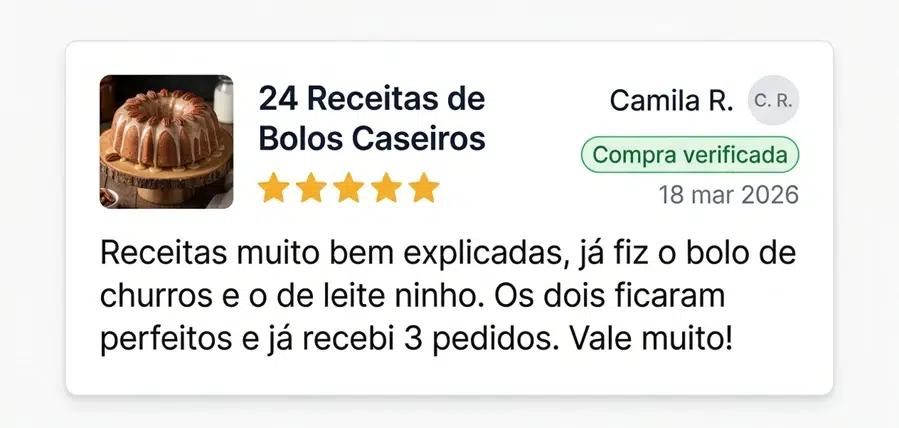 Camila R. — Receitas muito bem explicadas, já recebi 3 pedidos. Compra verificada.
